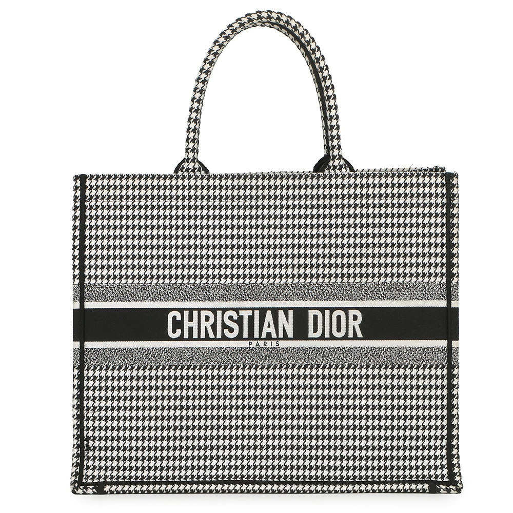 Christian Dior Tote Bag Book Houndstooth Canvas Black White